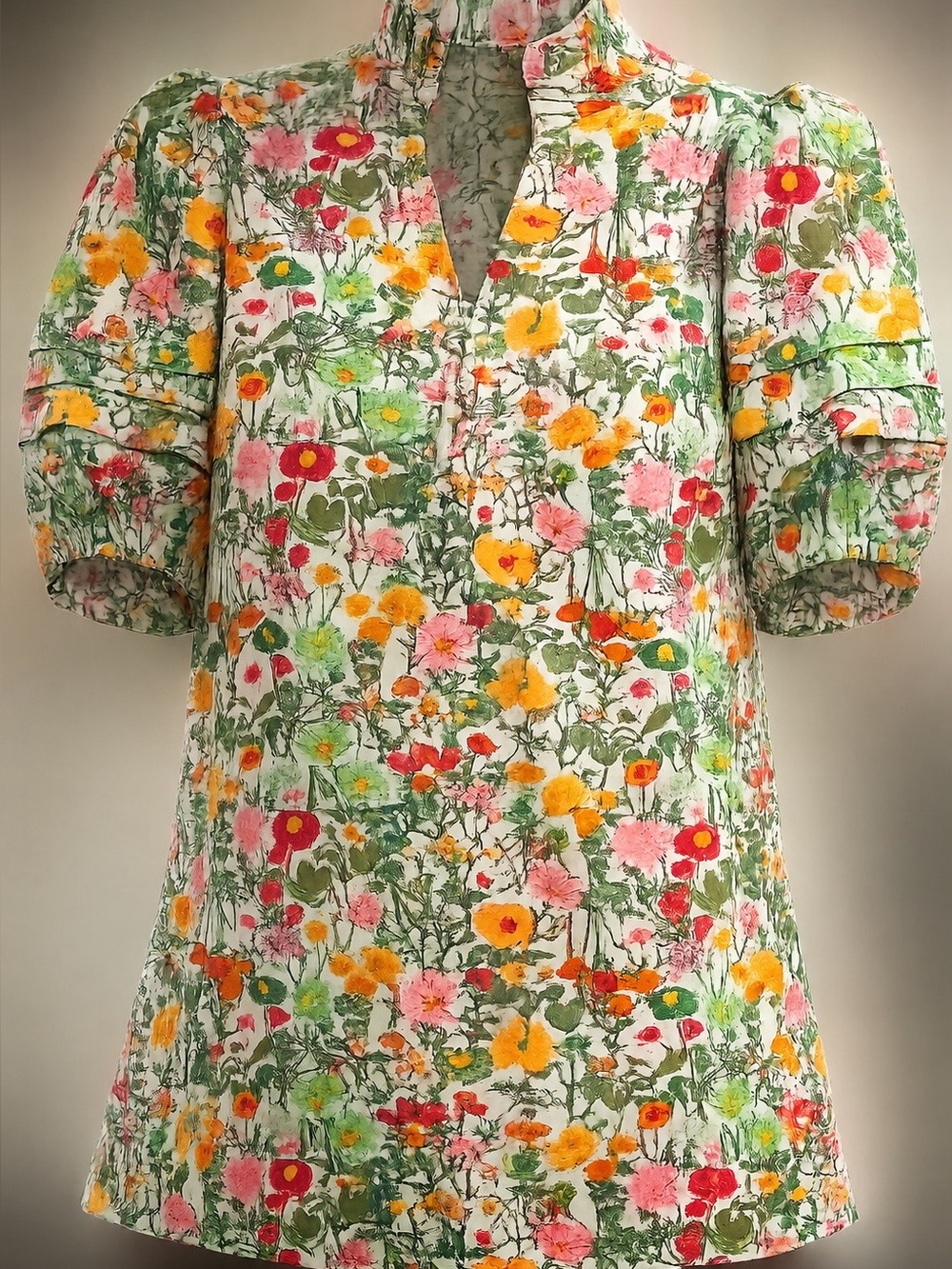 NWOT Entro Size Small Floral Puff Sleeve Tunic Top in Green, Yellow & Pink